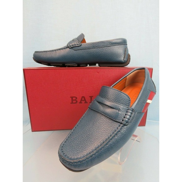 BALLY PIOTRE BLUE GRAINED LEATHER WEB LOGO DRIVER PENNY LOAFERS 11 D US 44 main image 12